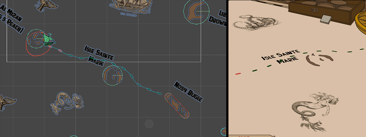 Pathfinding debug view alongside the in-game dashed route line