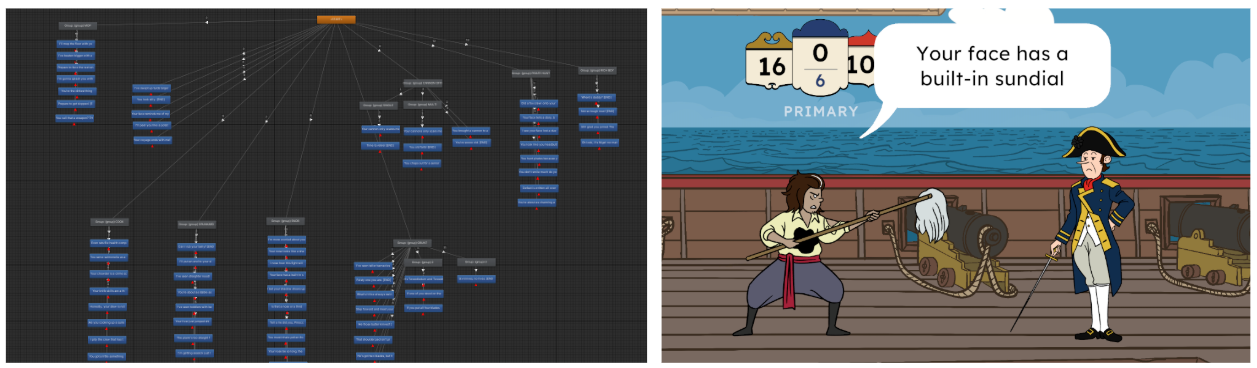 Left: branching insults dialogue tree. Right: a zinger.