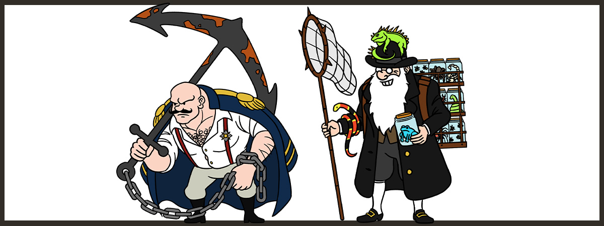 The Biologist and the Strongman — character art by Nik Scarr